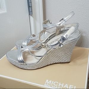 Silver Leather Mochael Kors Cicely Wedge Sandals